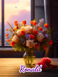 Happy Birthday Ronald GIF: A vase of flowers and animated hearts pop in and out as the words Happy Birthday Name appears that you can customize