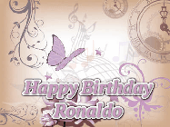 Happy Birthday Ronaldo GIF: Classical birthday gif background with colorful musical notes floating past and a name you can customize, reads Happy Birthday.