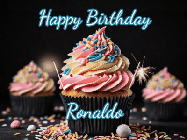 Happy Birthday Ronaldo GIF: A delicious cupcake gif with animated sparkles reading Happy Birthday with a name to customize