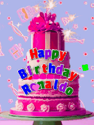 Happy Birthday Ronaldo GIF: A big beautiful birthday cake gif with falling confetti, sparklers, and balloons, reads Happy Birthday Name. Customize it.