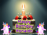 Happy Birthday Ronaldo GIF: An animated gif with 2 unicorns and a birthday candle on a cake.
