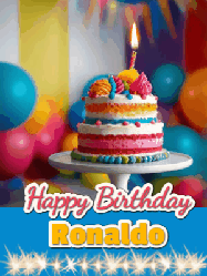 Happy Birthday Ronaldo GIF: A birthday card gif with a cake and candle and a blue ribbon with animated sparklers. Reads Happy Birthday Name