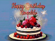Happy Birthday Ronaldo GIF: Animated GIF of a birthday cake covered in berries with 2 sparklers and a candle, reads Happy Birthday Name. Customize it.