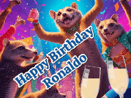 Happy Birthday Ronaldo GIF: Happy Birthday GIF depicting a mongoose party with animated fireworks, sparkles and champagne. Reads Happy Birthday Name. Customize it.