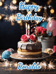 Happy Birthday Ronaldo GIF: Sparkles and glitter happy birthday gif with a cake and flickering candles and sparklers behind the words happy birthday customize