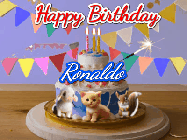 Happy Birthday Ronaldo GIF: Happy Birthday Cake GIF with a cat, lamb, and squirrel on the cake with flickering candles, a sparkler, and falling confetti. Reads Happy Birthday Name and you can customize the name