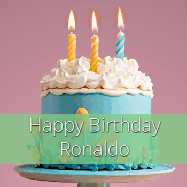 Happy Birthday Ronaldo GIF: Sparkles fly over a birthday cake that has 3 flickering candles, text in a colored band read Happy Birthday Name.