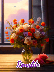 Happy Birthday Ronaldo GIF: A vase of flowers and animated hearts pop in and out as the words Happy Birthday Name appears that you can customize