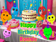 Happy Birthday Ronnie GIF: A birthday animated gif with a party room in the background and cute balloons, cake, and name to customize.