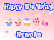 Happy Birthday Ronnie GIF: Pink animated birthday gif with 5 cupcakes and candles and animated text you can customize with name.