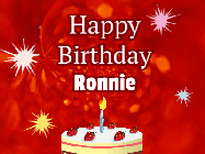 Happy Birthday Ronnie GIF: A bright red happy birthday gif animated with a cake candle, and glitter and sparkles. Customize with name.