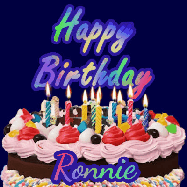 Happy Birthday Ronnie GIF: A dark blue birthday gif with a beautiful cake with flickering candles, background sparkles and a name to customize.