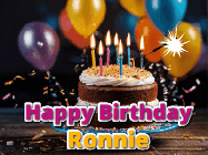 Happy Birthday Ronnie GIF: A birthday cake with flickering candles gif with text reading Happy Birthday and a Name slot to customize