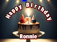 Happy Birthday Ronnie GIF: Animated happy birthday gif with a cake and flickering candles with colorful falling confetti and text reading Happy Birthday