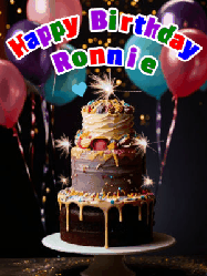 Happy Birthday Ronnie GIF: Beautiful birthday cake animated gif, a celebration of balloons, confetti, and sparklers. Customize banner and name.