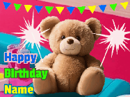 Happy Birthday Ronnie GIF: A cute birthday teddy bear animated birthday gif with the bear holding sparklers and text to customize.