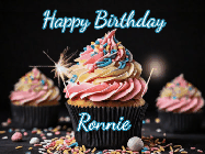 Happy Birthday Ronnie GIF: A delicious cupcake gif with animated sparkles reading Happy Birthday with a name to customize