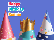 Happy Birthday Ronnie GIF: Animated happy birthday gif with showing 3 party hats and confetti bursting over them.