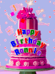 Happy Birthday Ronnie GIF: A big beautiful birthday cake gif with falling confetti, sparklers, and balloons, reads Happy Birthday Name. Customize it.