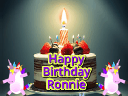 Happy Birthday Ronnie GIF: An animated gif with 2 unicorns and a birthday candle on a cake.