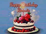 Happy Birthday Ronnie GIF: Animated GIF of a birthday cake covered in berries with 2 sparklers and a candle, reads Happy Birthday Name. Customize it.
