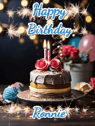 Happy Birthday Ronnie GIF: Sparkles and glitter happy birthday gif with a cake and flickering candles and sparklers behind the words happy birthday customize