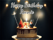 Happy Birthday Ronnie GIF: Animated birthday cake gif with sparklers on a dark background. Personalize up to 3 lines of text.