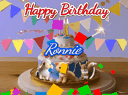 Happy Birthday Ronnie GIF: Happy Birthday Cake GIF with a cat, lamb, and squirrel on the cake with flickering candles, a sparkler, and falling confetti. Reads Happy Birthday Name and you can customize the name