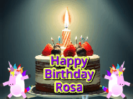 Happy Birthday Rosa GIF: An animated gif with 2 unicorns and a birthday candle on a cake.