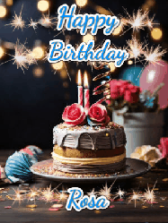 Happy Birthday Rosa GIF: Sparkles and glitter happy birthday gif with a cake and flickering candles and sparklers behind the words happy birthday customize