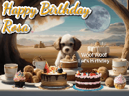 Happy Birthday Rosa GIF: Animated birthday gif with a dog at a fancy birthday table loaded with cakes as hearts appear. It reads Happy Birthday Customize.
