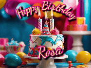 Happy Birthday Rosa GIF: Animated birthday gif with a beautiful colorful birthday can and sparkles in the air. It reads Happy Birthday Customize.