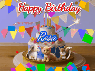 Happy Birthday Rosa GIF: Happy Birthday Cake GIF with a cat, lamb, and squirrel on the cake with flickering candles, a sparkler, and falling confetti. Reads Happy Birthday Name and you can customize the name