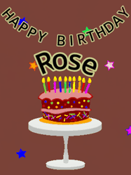 Happy Birthday Rose GIF: Animated birthday gif of a chocolate cartoon cake and stars. Animated text can be customized with name.
