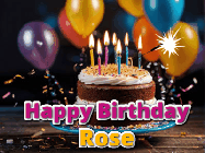 Happy Birthday Rose GIF: A birthday cake with flickering candles gif with text reading Happy Birthday and a Name slot to customize