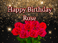 Happy Birthday Rose GIF: A beautiful birthday gif with a bouquet of flowers and animated hearts on a black and glitter background.