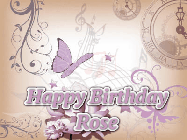 Happy Birthday Rose GIF: Classical birthday gif background with colorful musical notes floating past and a name you can customize, reads Happy Birthday.