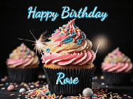 Happy Birthday Rose GIF: A delicious cupcake gif with animated sparkles reading Happy Birthday with a name to customize