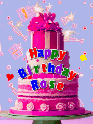 Happy Birthday Rose GIF: A big beautiful birthday cake gif with falling confetti, sparklers, and balloons, reads Happy Birthday Name. Customize it.
