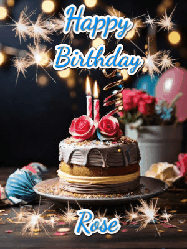 Happy Birthday Rose GIF: Sparkles and glitter happy birthday gif with a cake and flickering candles and sparklers behind the words happy birthday customize