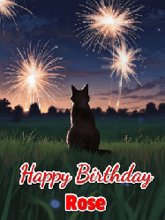 Happy Birthday Rose GIF: An animated gif at night showing the backside of a sitting cat who watches sparkle and fireworks over a meadow. Customize name and happy birthday.