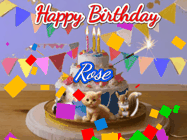 Happy Birthday Rose GIF: Happy Birthday Cake GIF with a cat, lamb, and squirrel on the cake with flickering candles, a sparkler, and falling confetti. Reads Happy Birthday Name and you can customize the name