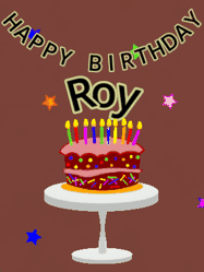 Happy Birthday Roy GIF: Animated birthday gif of a chocolate cartoon cake and stars. Animated text can be customized with name.