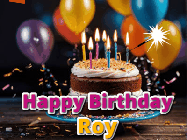 Happy Birthday Roy GIF: A birthday cake with flickering candles gif with text reading Happy Birthday and a Name slot to customize