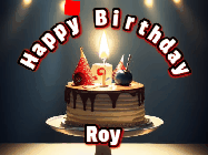 Happy Birthday Roy GIF: Animated happy birthday gif with a cake and flickering candles with colorful falling confetti and text reading Happy Birthday