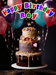 Happy Birthday Roy GIF: Beautiful birthday cake animated gif, a celebration of balloons, confetti, and sparklers. Customize banner and name.