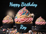 Happy Birthday Roy GIF: A delicious cupcake gif with animated sparkles reading Happy Birthday with a name to customize