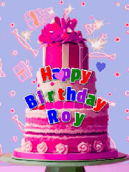 Happy Birthday Roy GIF: A big beautiful birthday cake gif with falling confetti, sparklers, and balloons, reads Happy Birthday Name. Customize it.