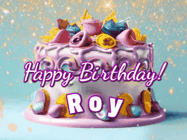 Happy Birthday Roy GIF: A beautiful birthday cake gif with animated sparkles and glitter Happy Birthday Name you can customize