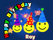 Happy Birthday Roy GIF: 3 emojis wearing party hats are happy for a birthday name you can customize on this blue animated happy birthday gif.